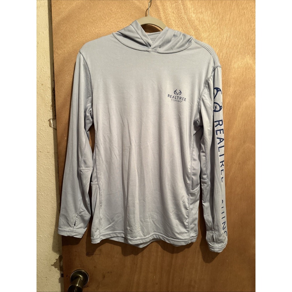 Realtree Fishing Hoodie Men Small Blue Long Sleeve Hooded Shirt Logo Lightweight